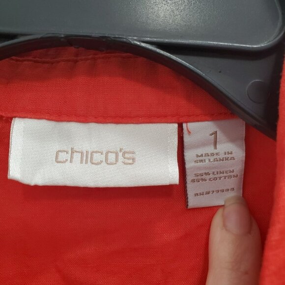Chico's Women's Bright Orange Linen Blend Roll Tab Military Button Up Shirt Sz 1 - Picture 4 of 5